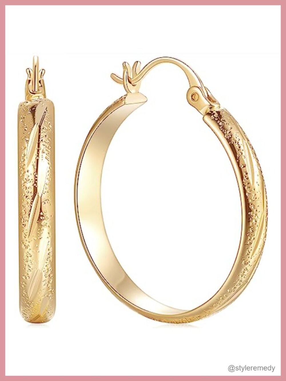 14K Gold Plated Etched Hoop Earrings Latch Back Lightweight